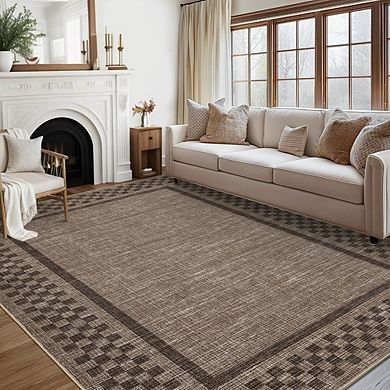 Woven Border Indoor Area Rug, Classic Checkerboard Design, Soft and Dense Pile