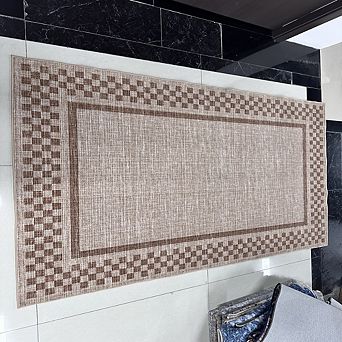 Woven Border Indoor Area Rug, Classic Checkerboard Design, Soft and Dense Pile