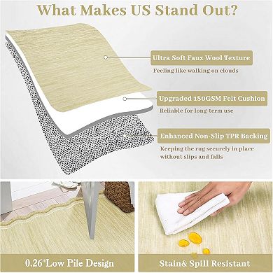 Scalloped Area Rug Washable Entryway Runner Rugs for Hallway, Solid Color Floor Carpet