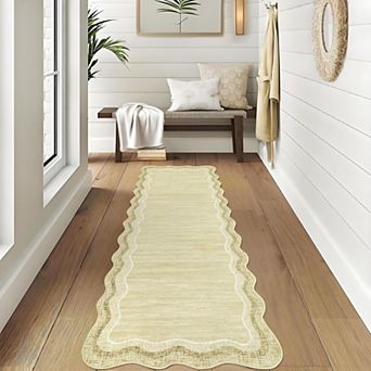 Scalloped Area Rug Washable Entryway Runner Rugs for Hallway, Solid Color Floor Carpet