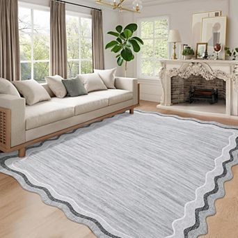 Scalloped Area Rug Washable Entryway Runner Rugs for Hallway, Solid Color Floor Carpet