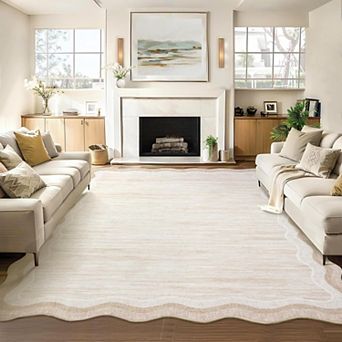 Scalloped Area Rug Washable Entryway Runner Rugs for Hallway, Solid Color Floor Carpet