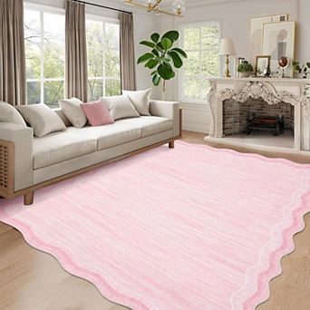 Scalloped Area Rug Washable Entryway Runner Rugs for Hallway, Solid Color Floor Carpet