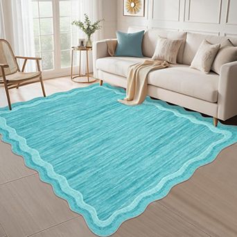Scalloped Area Rug Washable Entryway Runner Rugs for Hallway, Solid Color Floor Carpet