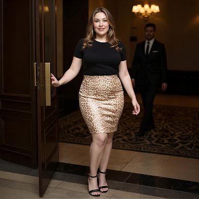 Plus Size 24Seven Comfort Apparel Cheetah Elastic Waist Pencil Skirt