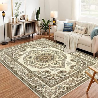 Washable Boho Floral Medallion Area Rug, Non-Slip Soft Low-Pile Printed Carpet
