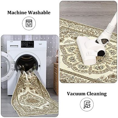 Washable Boho Floral Medallion Area Rug, Non-Slip Soft Low-Pile Printed Carpet