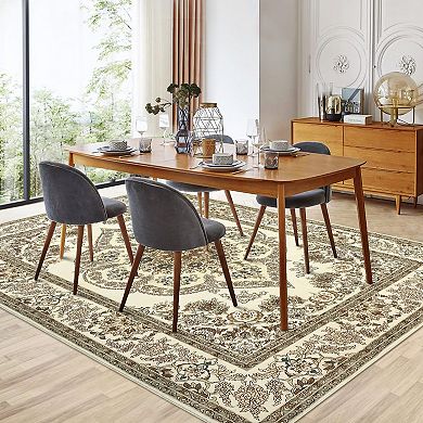 Washable Boho Floral Medallion Area Rug, Non-Slip Soft Low-Pile Printed Carpet