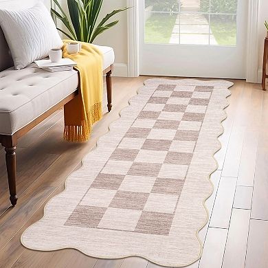 Geometric Wave Checkerboard Pattern, Soft Shaggy Floor Carpet, Non-Slip Washable