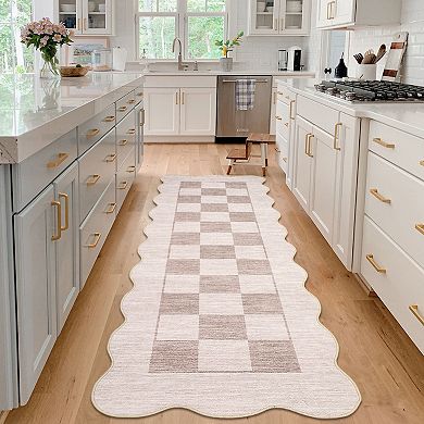 Geometric Wave Checkerboard Pattern, Soft Shaggy Floor Carpet, Non-Slip Washable