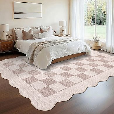 Geometric Wave Checkerboard Pattern, Soft Shaggy Floor Carpet, Non-Slip Washable