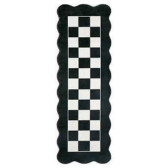 Geometric Wave Checkerboard Pattern, Soft Shaggy Floor Carpet, Non-Slip Washable