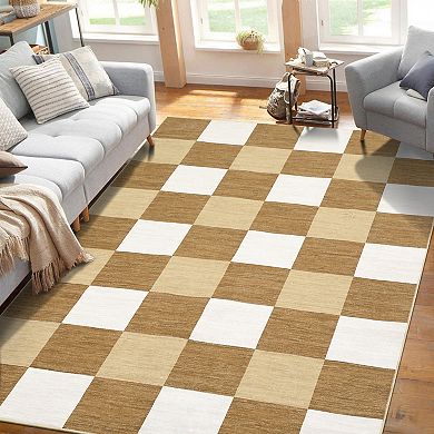 Plaid Rug, Washable Rugs, Navy Grey & Cream Checkered Rug, Indoor Check Large Area Rugs