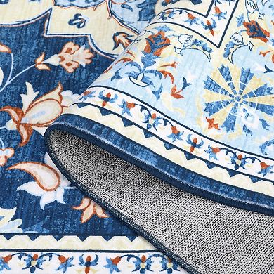Vintage Floral Washable Rug - Ultra Thin Stain Resistant Non Slip Carpet for Bedroom