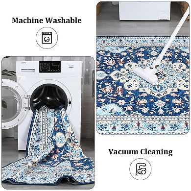 Vintage Floral Washable Rug - Ultra Thin Stain Resistant Non Slip Carpet for Bedroom