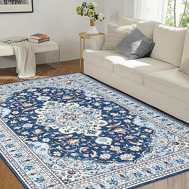 Vintage Floral Washable Rug - Ultra Thin Stain Resistant Non Slip Carpet for Bedroom