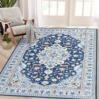 Vintage Floral Washable Rug - Ultra Thin Stain Resistant Non Slip Carpet for Bedroom