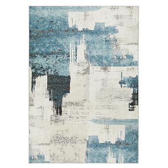 Modern Abstract Beige Blue Area Rug, Stain Resistant Washable Floor Mat, Non-Shedding, Non-Slip