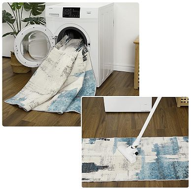 Modern Abstract Beige Blue Area Rug, Stain Resistant Washable Floor Mat, Non-Shedding, Non-Slip