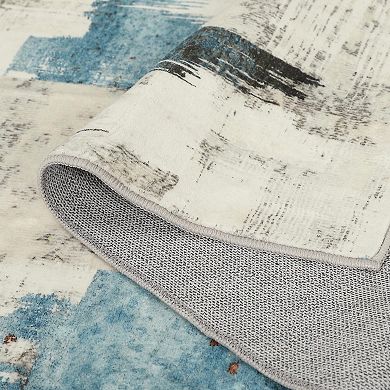 Modern Abstract Beige Blue Area Rug, Stain Resistant Washable Floor Mat, Non-Shedding, Non-Slip
