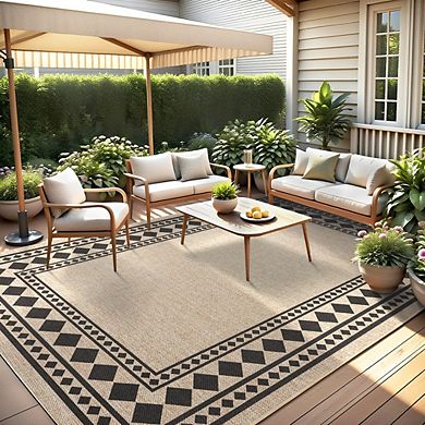 Modern Border Pattern Printed Area Rug, Non-Skid Backing, Machine Washable, Indoor Floor Carpet