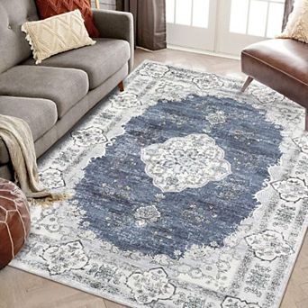 Vintage Distressed Boho Area Rug - Washable Non Slip Soft Carpet for Living Room Decor