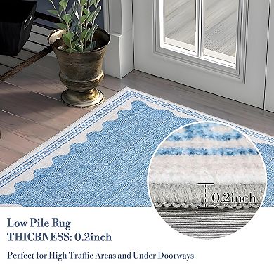Scalloped Jute Area Rug, Washable Soft Low Pile, Non Slip Foldable Rug