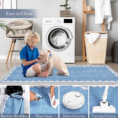 Scalloped Jute Area Rug, Washable Soft Low Pile, Non Slip Foldable Rug