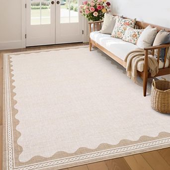 Scalloped Jute Area Rug, Washable Soft Low Pile, Non Slip Foldable Rug
