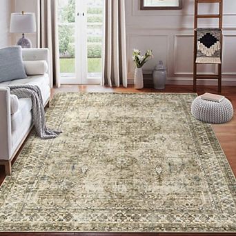 Vintage Area Rug for Living Room Washable for Bedroom Oriental Floral Print Non-Slip Carpet