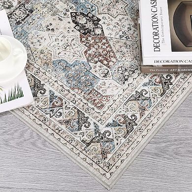 Washable Vintage Non Slip Oriental Distressed Stain Resistant Foldable Low Pile for Living Room