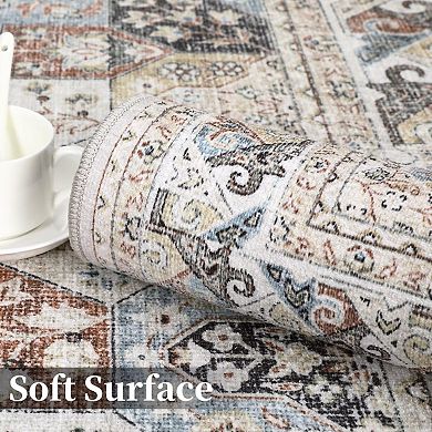 Washable Vintage Non Slip Oriental Distressed Stain Resistant Foldable Low Pile for Living Room