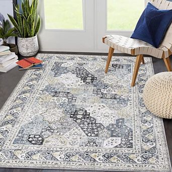 Washable Vintage Non Slip Oriental Distressed Stain Resistant Foldable Low Pile for Living Room