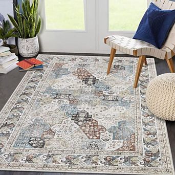 Washable Vintage Non Slip Oriental Distressed Stain Resistant Foldable Low Pile for Living Room