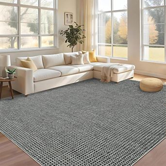 Washable Area Rug, Ultra Thin, Boho Waffle Print, Indoor Rug