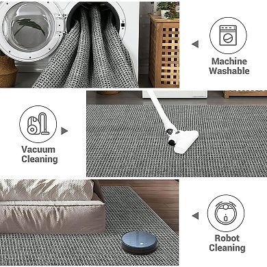 Washable Area Rug, Ultra Thin, Boho Waffle Print, Indoor Rug