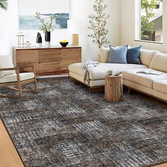 Modern Abstract Plaid Washable Rug - Non Slip Low Pile Soft Carpet for Living Room Bedroom