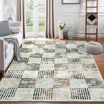 Modern Abstract Plaid Washable Rug - Non Slip Low Pile Soft Carpet for Living Room Bedroom