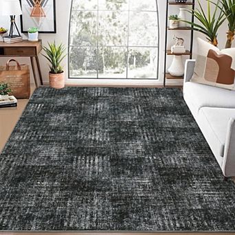 Modern Abstract Plaid Washable Rug - Non Slip Low Pile Soft Carpet for Living Room Bedroom