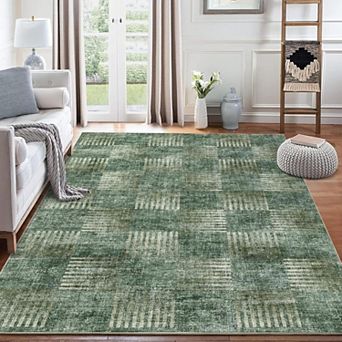 Modern Abstract Plaid Washable Rug - Non Slip Low Pile Soft Carpet for Living Room Bedroom