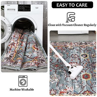 Washable Area Rug, Vintage Floral Distressed Rugs, Non-Slip