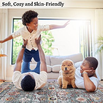 Washable Area Rug, Vintage Floral Distressed Rugs, Non-Slip