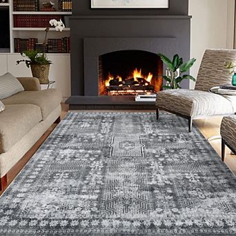 Vintage Floral Washable Area Rug - Non Slip Stain Resistant Carpet for Living Room Bedroom