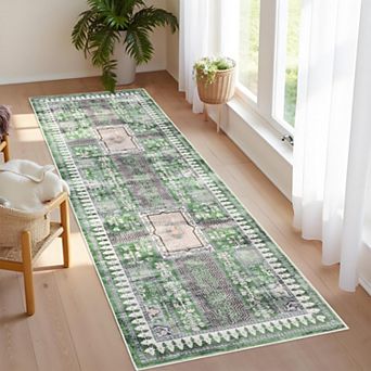 Vintage Floral Washable Area Rug - Non Slip Stain Resistant Carpet for Living Room Bedroom
