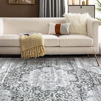Large Washable Area Rug Vintage Distressed Flower Floor Carpet Non Skid Low Pile Rug