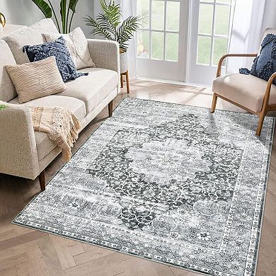 Large Washable Area Rug Vintage Distressed Flower Floor Carpet Non Skid Low Pile Rug