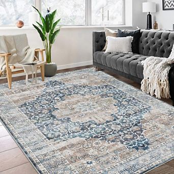Large Washable Area Rug Vintage Distressed Flower Floor Carpet Non Skid Low Pile Rug