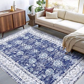 Machine Washable Area Rug Vintage Distressed Floral Area Rug for Living Room Traditional Medallion