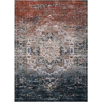Vintage Boho Distressed Area Rug - Washable Non Slip Low Pile Carpet for Living Room Bedroom