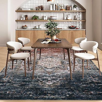 Vintage Boho Distressed Area Rug - Washable Non Slip Low Pile Carpet for Living Room Bedroom